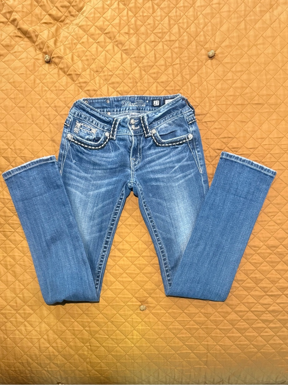 Women’s Straight Cut Miss Me Jeans in Medium Blue with Embellished Pockets